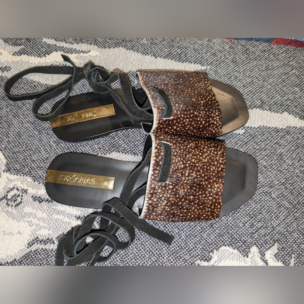 Kaanas Black and Brown Calf Hair Lace-Up Sandals